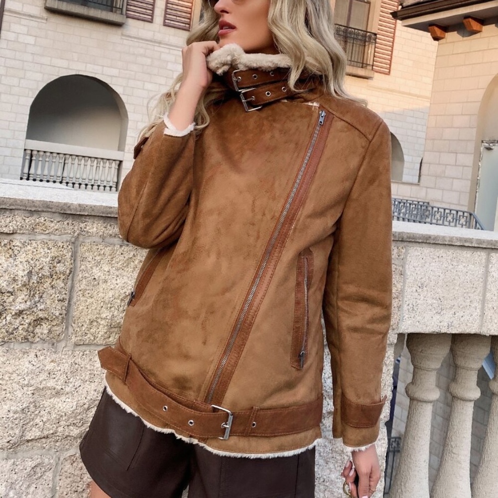 camel  teddy vegan suede belt trench coat jacket - Picture 2 of 6